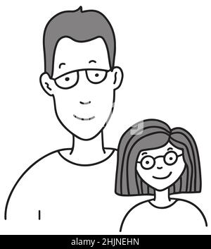 Vater und Tochter Familie mit Brille Linie Doodle Stil Illustration Vektor Stock Vektor