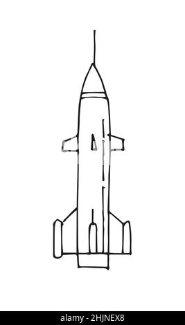 Weltraumrakete. Schönes Weltraumobjekt. Einfache Doodle-Zeichnung im kindischen Stil. Atombombe. Skizze umreißen. Handzeichnung isoliert auf weißem Hintergrund Stock Vektor