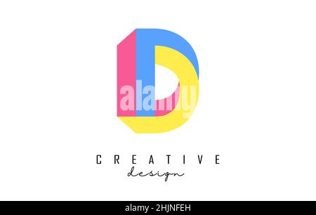 Buchstabe D Logo mit Pop Art und optischem Illusionssdesign. Geometrische Vektorgrafik mit drei Farben und verdrehtem Design. Stock Vektor