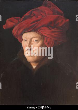 Porträt eines Mannes vom flämischen Maler Jan van Eyck in der National Gallery, London, Großbritannien Stockfoto