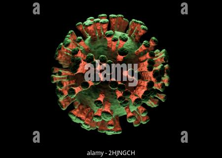 Darstellung einer einzelnen Viruszelle vor dunklem Hintergrund, Darstellung einer Infektion Stockfoto