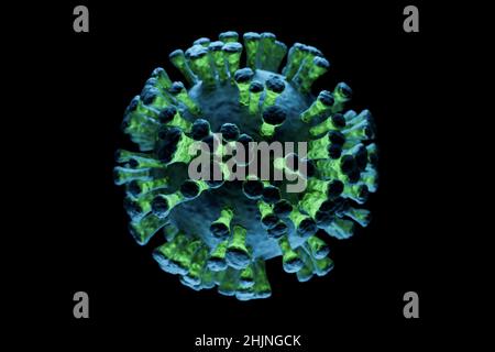 Darstellung einer einzelnen Viruszelle vor dunklem Hintergrund, Darstellung einer Infektion Stockfoto