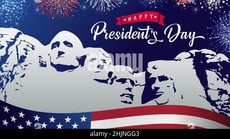 Happy Presidents Day Schriftzug mit Mount Rushmore und Feuerwerk. President's Day Typografie-Design für Poster oder Grußkarten. Vektorgrafik Stock Vektor