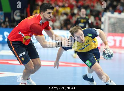 Albin Lagergren aus Schweden während der EHF Men's Euro 2022, Finales Handballspiel zwischen Schweden und Spanien am 30. Januar 2022 in der Budapest Multifunctional Arena in Budapest, Ungarn - Foto Laurent Lairys / DPPI Stockfoto