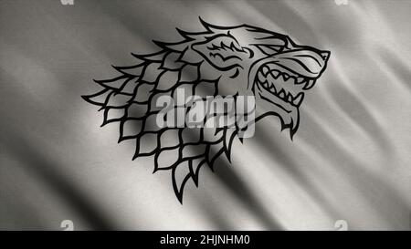 Abstraktes Entwicklungsgewebe der Flagge. Animation. Silhouette des Wolfes mit schwarzen Konturen auf dem Hintergrund der sich entwickelnden silbernen Flagge. Emblem des Hauses stark. Stockfoto