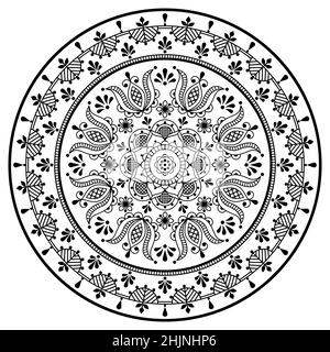 Skandinavische Blumen Mandala Vektor-Stickerei Folk Art Stil - nordische Umriss runden Muster mit Blumen und Blättern in schwarz auf weiß Stock Vektor