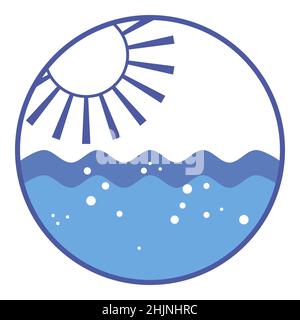 Blaue runde Robbe mit Sonne über Wasser und Meereswellen. Der Marine-Stil ist einer der vielseitigsten. Perfekt für die Dekoration von Wohnzimmer, Schlafzimmer, Büros und n Stock Vektor