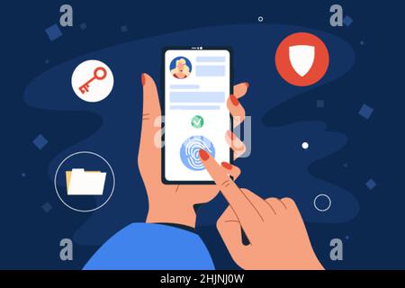 Mobile Zugriffskontrolle per Fingerabdruck zur Identifizierung. Der menschliche Zeigefinger berührt den Bildschirm des Smartphones zum Scannen. Online-Sicherheitskonzept. Schutz personenbezogener Daten mit biometrischer Technologie. Stock Vektor