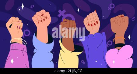 Flache Frauen überreichen verschiedene Nationalitäten, wobei Feminismusfäuste aufgezogen werden. Geschlechtergleichstellung, feministische Bewegung, Protest oder Revolutionskonzept. Faustgeste Symbol für Stärke, Frauenrechte oder weibliche Macht Stock Vektor