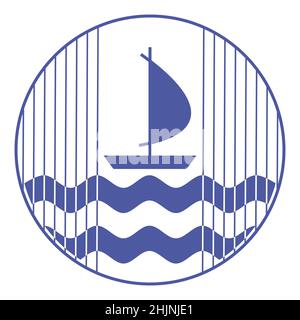 Blaues und weißes rundes Emblem. Blaue Meereswellen. Kontur Segelboot Silhouette. Einfache Formen und lakonische Geometrie. Meeresfarben und Originalbild. Minimal Stock Vektor