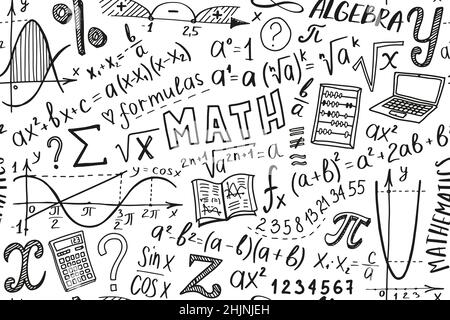 Symbolsatz für mathematische Symbole. Algebra oder Mathematik Thema Doodle Design. Bildungs- und Studienkonzept. Zurück zur Schule Hintergrund für Notebook, nicht Pad Stock Vektor