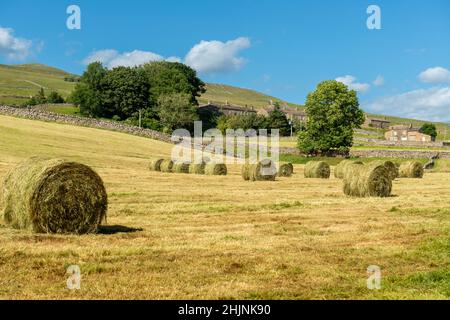 Runde Heuballen auf einem Feld bei Sedbusk in Wensleydale, North Yorkshire Stockfoto