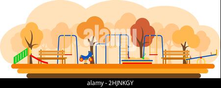Kinderspielplatz mit Spielgeräten, Vektorgrafik. Flacher Style Stock Vektor