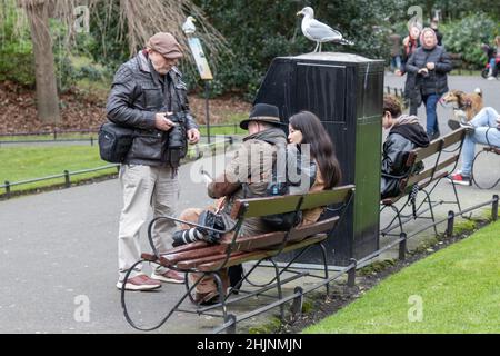 Fotografen überreden ein Mädchen auf einer Bank sitzen, um für Fotos posieren, St. Stephen’s Green Park , Stadt, Straßenfotografie, Dublin, Irland Stockfoto