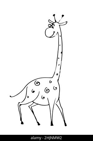 Giraffe lustig. Fröhliches wildes Tier. Ein komischer Charakter. Skizze umreißen. Die Handzeichnung ist auf einem weißen Hintergrund isoliert. Vektor Stock Vektor