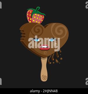 Eis Mädchen Gesicht herzförmige Schokolade auf einem Stock mit Erdbeeren auf einem schwarzen isolierten Hintergrund Vektorbild Stock Vektor