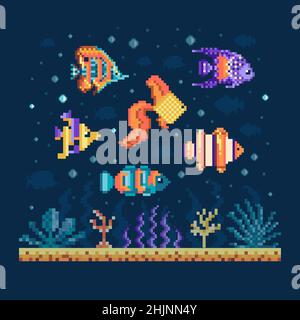 Pixel Art Fische auf Meeresboden Unterwasserlandschaft Stock Vektor