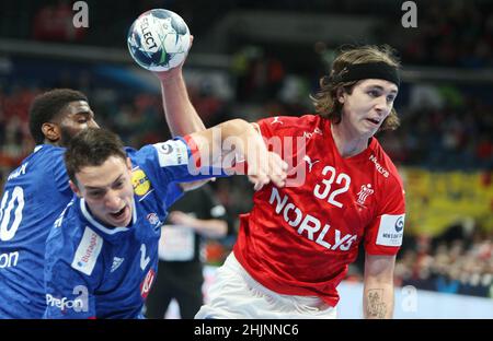 Jacob Holm aus Dänemark während des EHF Men's Euro 2022, Placement Match 3/4 Handballspiel zwischen Frankreich und Dänemark am 30. Januar 2022 in der Budapest Multifunctional Arena in Budapest, Ungarn - Foto Laurent Lairys / DPPI Stockfoto