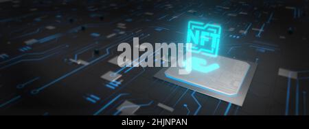 Glühender NFT-Chip. Blockchain-Technologie-Hintergrund. Futuristische Tapete. Digitales Kunstbanner. Nicht fungible Token Technology Art 3D Rendering
