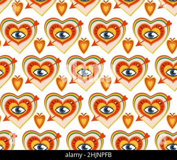 Retro 70s Nahtloses Muster zum Valentinstag. Handgezeichnete Herzen mit großen Augen. Vektorgrafik. Stock Vektor