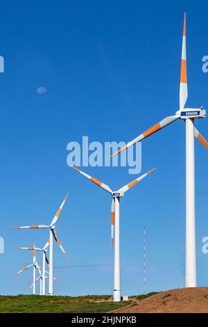 MADEIRA, PORTUGAL - 27. AUGUST 2021: Es handelt sich um Windparks, die auf dem alpinen Hochplateau von Paul da Serra installiert sind. Stockfoto