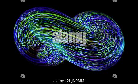 Abstract 3D Spirale mit Neon-beweglichen Linien auf schwarzem Hintergrund. Animation. Mehrfarbige Spirale mit beweglichen Neonlinien. Volumetrische geschlossene Spirale Stockfoto