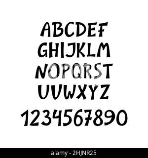 Cartoon englisches Alphabet und Zahlen schwarze Farbe auf weißem Hintergrund isoliert. Witziges Schriftset für T-Shirt-Design, Poster, Schriftzug, Banner, Schriftzug. Stock Vektor