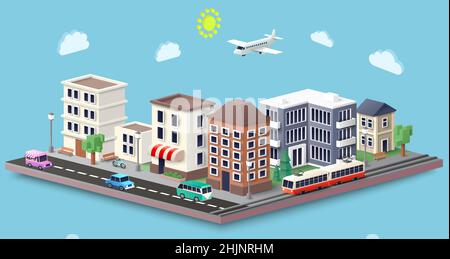 Isometrische Stadtstraßen, Wohn- und Geschäftsgebäude, öffentlicher Verkehr, Vektorgrafik. Stadtarchitektur. Stock Vektor