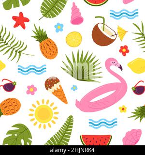 Sommerliches Nahtmuster. Hawaiianischer Strand, Kinder im saisonalen Hintergrund. Palmen und Früchte, Meereszubehör. Urlaub Stoffdruck, anständige Vektor-Textur Stock Vektor