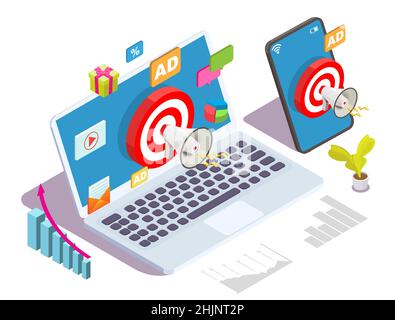 Adressierbare Werbung, gezielte Werbung, Vektor-isometrische Illustration. CPC, PPC-Anzeigen, Online-Werbetechnologie. Stock Vektor