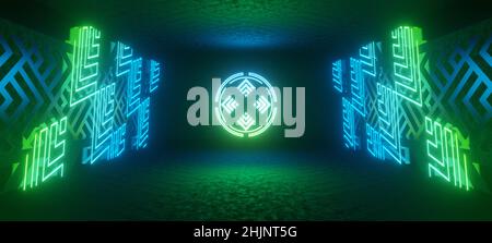 Sci FI Dance Club Stage Catwalk Showcase Laser Neon Green Garage Untergrund Beton Metallkonstruktion 3D Rendering Stockfoto