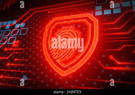 Red Shield Fingerprint Scan bietet Zugriff mit biometrischer Identifizierung. Technologie-, Sicherheits- und Identifikationskonzept. Stockfoto
