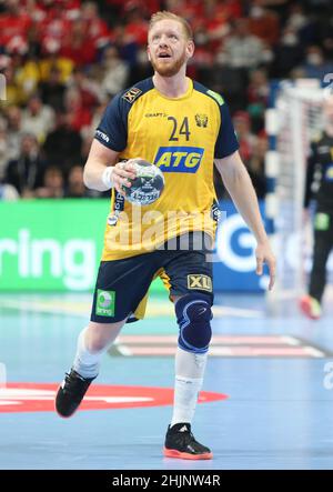 Jim Gottfridsson aus Schweden während des EHF Men's Euro 2022, Finales Handballspiel zwischen Schweden und Spanien am 30. Januar 2022 in der Budapest Multifunctional Arena in Budapest, Ungarn - Foto: Laurent Lairys/DPPI/LiveMedia Stockfoto