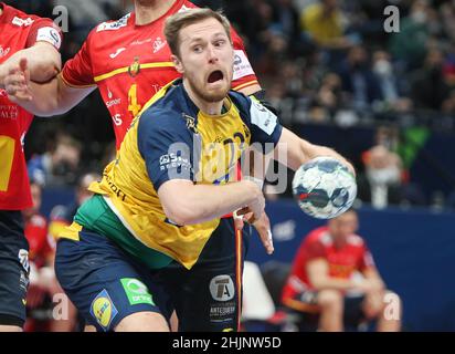 Albin Lagergren aus Schweden während der EHF Men's Euro 2022, Finales Handballspiel zwischen Schweden und Spanien am 30. Januar 2022 in der Budapest Multifunctional Arena in Budapest, Ungarn - Foto: Laurent Lairys/DPPI/LiveMedia Stockfoto