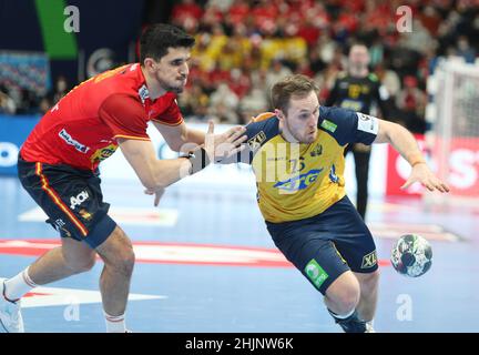 Albin Lagergren aus Schweden während der EHF Men's Euro 2022, Finales Handballspiel zwischen Schweden und Spanien am 30. Januar 2022 in der Budapest Multifunctional Arena in Budapest, Ungarn - Foto: Laurent Lairys/DPPI/LiveMedia Stockfoto