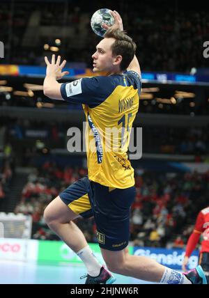 Hampus Wanne aus Schweden während des EHF Men's Euro, Finales Handballspiel zwischen Schweden und Spanien am 30. Januar 2022 in der Budapest Multifunctional Arena in Budapest, Ungarn - Foto: Laurent Lairys/DPPI/LiveMedia Stockfoto