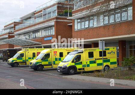 London, Großbritannien. Tooting: St George's Hospital - Krankenwagen, die draußen geparkt sind Stockfoto