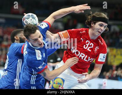 Jacob Holm aus Dänemark während des EHF Männer Euro 2022, Placement Match 3/4 Handballmatches zwischen Frankreich und Dänemark am 30. Januar 2022 in der Budapest Multifunctional Arena in Budapest, Ungarn - Foto: Laurent Lairys/DPPI/LiveMedia Stockfoto