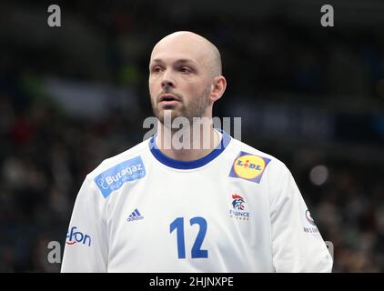 Vincent Gerard aus Frankreich während des EHF Men's Euro 2022, Placement Match 3/4 Handballmatches zwischen Frankreich und Dänemark am 30. Januar 2022 in der Budapest Multifunctional Arena in Budapest, Ungarn - Foto: Laurent Lairys/DPPI/LiveMedia Stockfoto