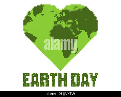 Earth Day im Pixel-Art-Stil. Planet Erde in Form eines Herzens isoliert auf weißem Hintergrund. World Earth Day Retro 8-Bit-Grafik. Design für gr Stock Vektor