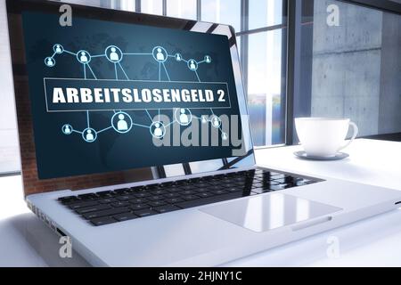 Arbeitslosengeld - deutsch Wort für Arbeitslosengeld oder Geld geben. Text auf einem modernen Laptop-Bildschirm in Büroumgebungen. 3D Abbildung busi rendern Stockfoto