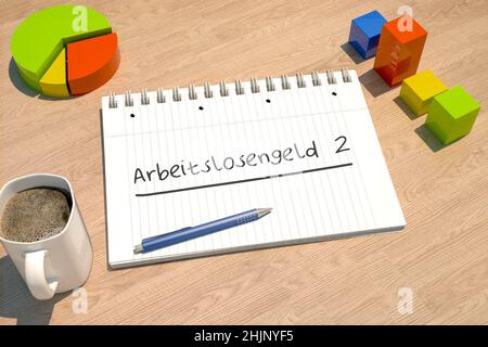 Arbeitslosengeld 2 - deutsch Wort für Arbeitslosengeld oder Dole Money - Textkonzept mit Notizbuch, Kaffeetasse, Bargraph und Tortendiagramm auf Holzbalke Stockfoto