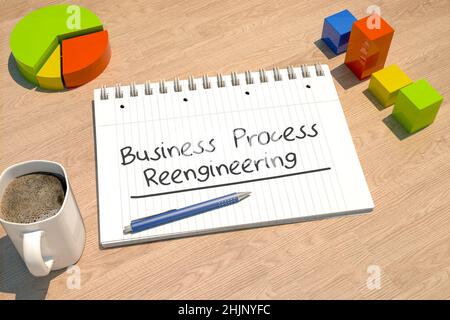 Business Process Reengineering - Textkonzept mit Notizbuch, Kaffeetasse, Balkendiagramm und Tortendiagramm auf Holzhintergrund - 3D Renderdarstellung. Stockfoto