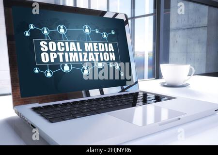 Text zur Optimierung sozialer Medien auf einem modernen Laptop-Bildschirm in Büroumgebungen. 3D Darstellung Business Text Konzept. Stockfoto