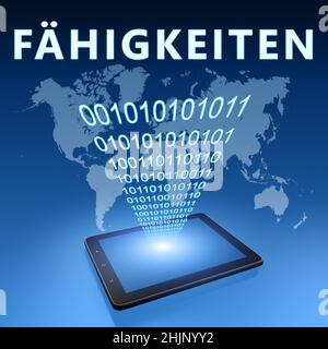 Faehigkeiten - deutsch Wort für Fähigkeiten oder Fähigkeiten - Text mit Tablet-Computer auf blauem digitalen Weltkarte Hintergrund. 3D Darstellung rendern. Stockfoto