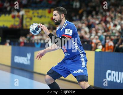 Nikola Karabatic aus Frankreich während des EHF Männer-EM 2022, Placement Match 3/4 Handballmatches zwischen Frankreich und Dänemark am 30. Januar 2022 in der Budapest Multifunctional Arena in Budapest, Ungarn - Foto: Laurent Lairys/DPPI/LiveMedia Stockfoto