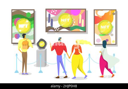 Nicht fungibler Token. Metaverse NFT Krypto-Kunstgalerie, digitaler Kunstmarkt, Blockchain-Technologie, Vektordarstellung. Stock Vektor