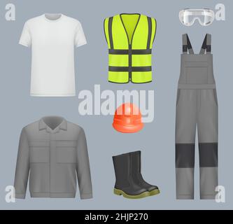 Arbeitskleidung. Industrie realistische Uniform Arbeiter Hosen Helm Stiefel und Jacke Industriekleidung mit Reflexion Licht anständige Vektor-Illustrationen Stock Vektor