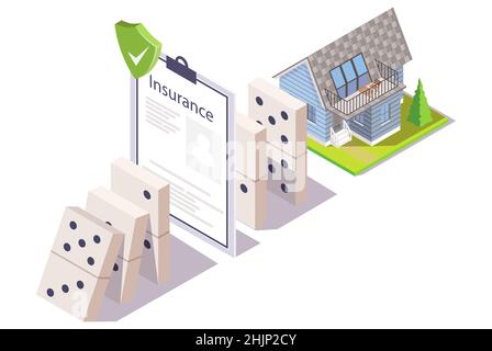 Home Insurance Policy Stopping Domino-Effekt, Vektor isometrische Illustration. Immobilien, Sachversicherung. Stock Vektor