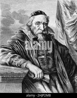 Portrait Engraving or Illustration of Renaissance man Wenceslas Cobergher (1560-1634) aka Wenzel Cobergher, ein flämischer Maler der Renaissance, Architekt, Ingenieur, Numismatiker, Ökonom und Antiquar. Von van Floris Van Dyck (c1575-<1651). Stockfoto